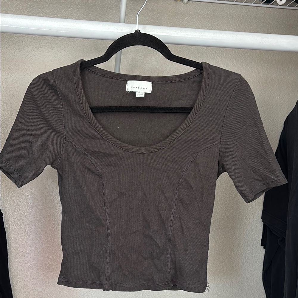 Y2K TopShop Corset Trim Cropped Dark Grey Women's Top UK10 US M Scoop Neck Tee